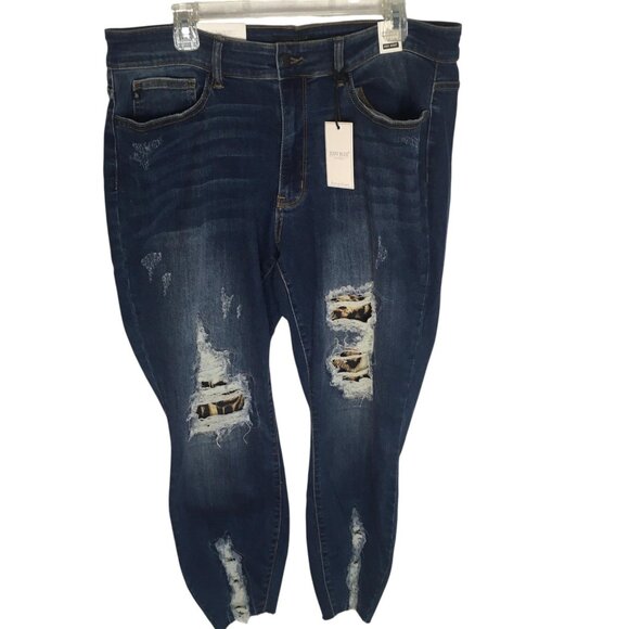Judy Blue Jeans Womens 18W Dark Wash High Waist Skinny Distressed Leopard Patch - Picture 1 of 16